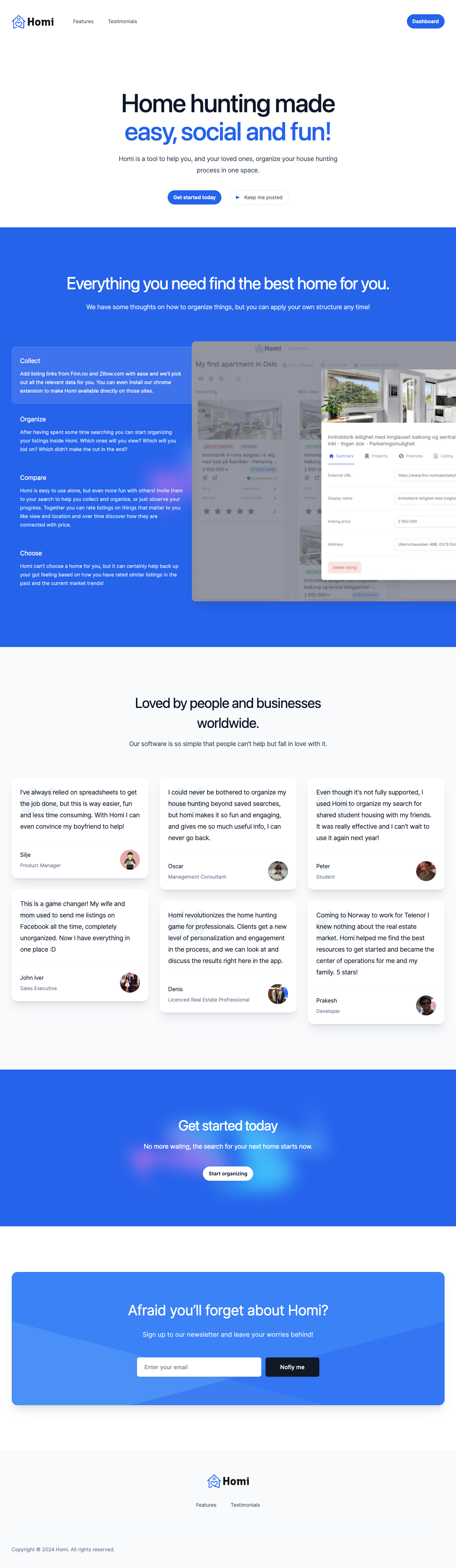 The 2024 Homi marketing page, showing the collect, organize, compare, and choose product journey